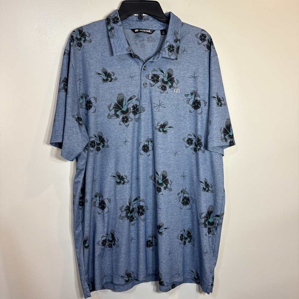 Travis Mathew Polo Shirt Mens XXL Blue Floral Pima Cotton Blend Pullover Golf
